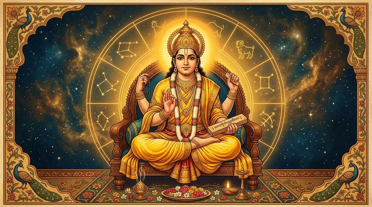 Lord Brihaspati Guru seated in blessing pose with golden aura and Vedic astrological chart
