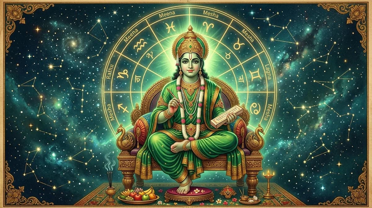 Lord Budha Mercury Graha depicted with emerald green aura and Vedic astrology birth chart