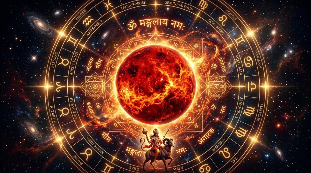 Fiery red planet Mars (Mangal Graha) surrounded by a golden Vedic zodiac wheel and sacred geometry