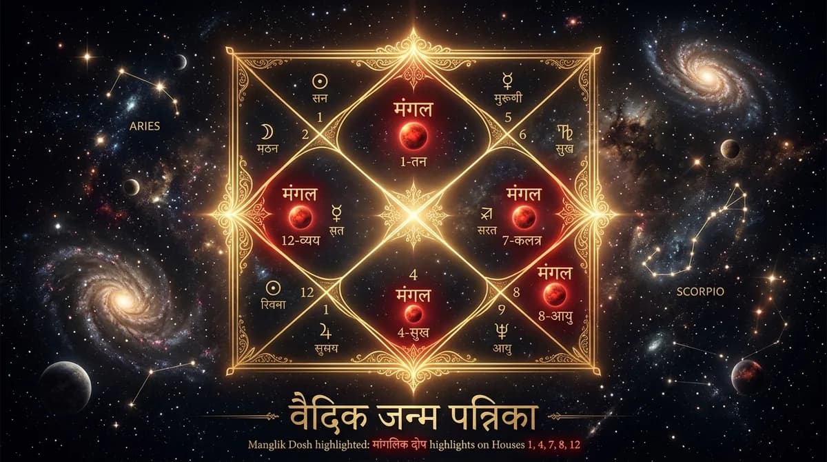 Vedic birth chart (Kundali) highlighting the 1st, 4th, 7th, 8th, and 12th houses where Mars causes Manglik Dosh