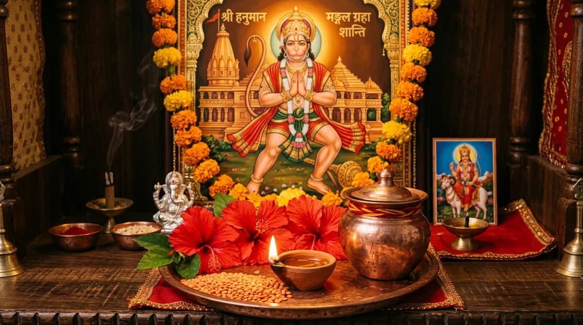Traditional Hindu altar for Mars remedies with Lord Hanuman painting, copper pot, and offerings
